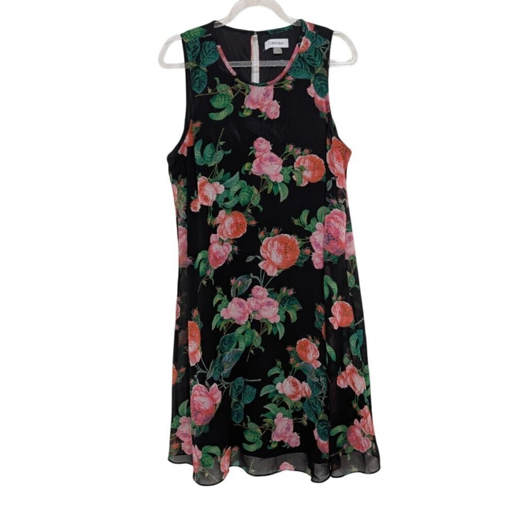 Calvin Klein Floral Dress Womens Size 10 Black Sleeveless Chiffon Trapeze Shift